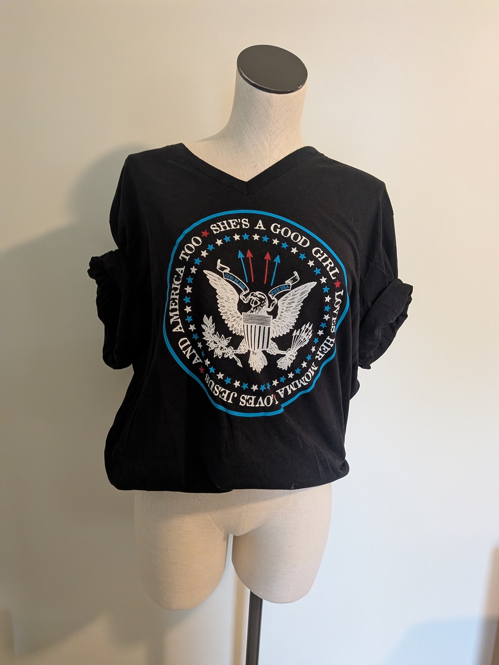 Black Graphic V-Neck Women’s Tee with Eagle Emblem